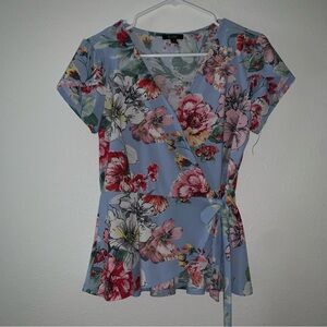 Floral Wrap Blouse - Blue and Pink